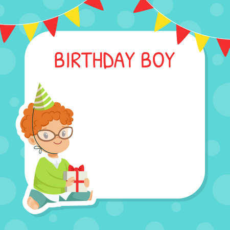 Happy Birthday Festive Card with Redhead Boy in Birthday Hat Sitting with Wrapped Gift Box Vector Illustrationのイラスト素材