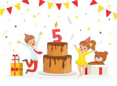 Excited Boy and Girl in Birthday Hat Jumping with Joy Near Huge Cake with Burning Number Candle Celebrating Festive Holiday Vector Illustrationのイラスト素材