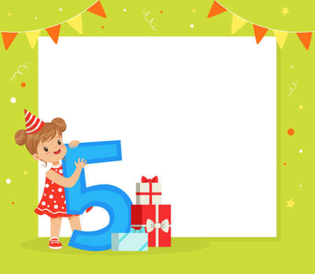 Happy Birthday Festive Card with Girl in Birthday Hat Holding Five Number Vector Illustrationのイラスト素材