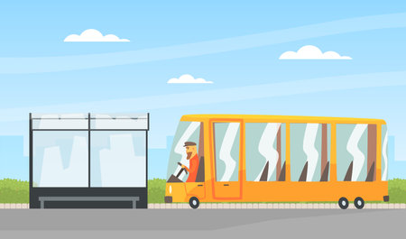 Bearded Man Driving Bus as Public Transport Along the City Road Vector Illustrationのイラスト素材