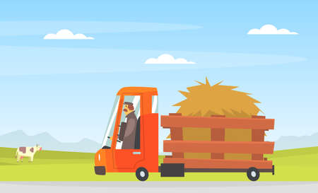 Man Driving Farming Truck with Hay Along the Countryside Road Vector Illustrationのイラスト素材