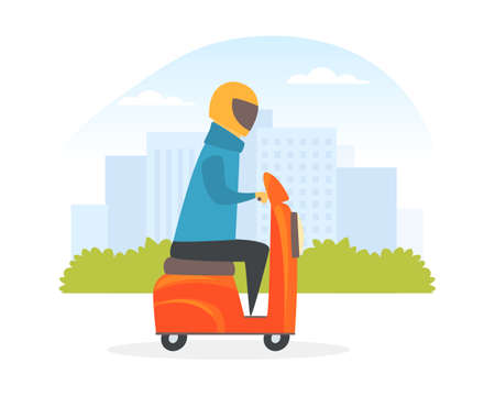 Man in Helmet Driving Scooter Along the City Road Vector Illustrationのイラスト素材