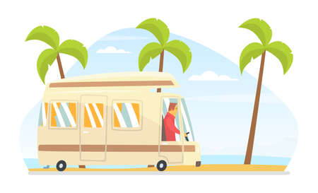 Man Driving Van Along the City Road Vector Illustrationのイラスト素材