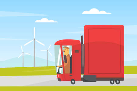 Man Driving Car Along the City Road Vector Illustrationのイラスト素材