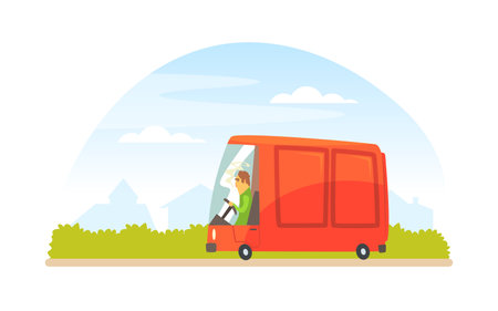 Man Driving Car Along the City Road Vector Illustrationのイラスト素材