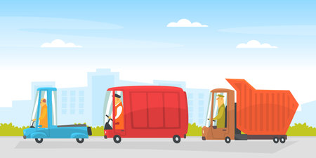 Man Driving Car Along the City Road Vector Illustrationのイラスト素材