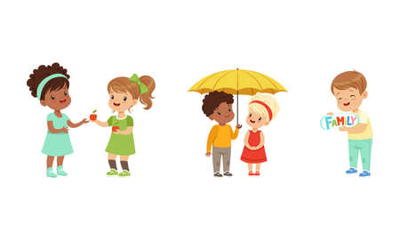Kind and Fair Little Girl and Boy Character Sharing Apple and Umbrella with Agemate Vector Illustration Setのイラスト素材