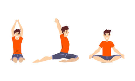 Smiling Man in Red Sweatshirt Doing Yoga Breathing in Different Asana Vector Setのイラスト素材