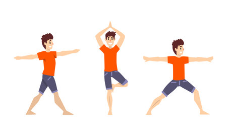 Smiling Man in Red Sweatshirt Doing Yoga Breathing in Different Asana Vector Setのイラスト素材