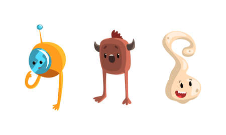 Cute Cartoon Monsters with Smiling Faces and Funky Shapes Vector Setのイラスト素材