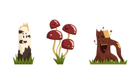 Funny Mushroom and Tree Stump Characters with Smiling Faces Growing on Grass Vector Setのイラスト素材