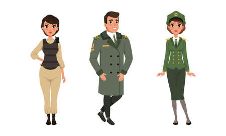 Man and Woman Standing in Military Uniform Vector Setのイラスト素材