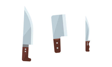 Cleaver or Kitchen Knives as Tool with Blade and Wooden Handle Vector Setのイラスト素材