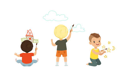 Cheerful Boy Drawing Home and Clouds with Paint Brush on the Wall Vector Setのイラスト素材