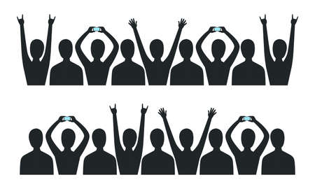 Crowd of People Black Silhouette Holding Smartphone and Pushing Their Hands Up Vector Setのイラスト素材