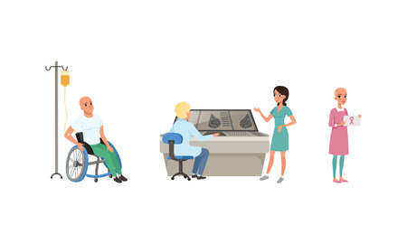 Man on Wheelchair and Woman with Ribbon Symbol with Cancer Diagnosis Having Medical Check and Treatment Vector Setのイラスト素材