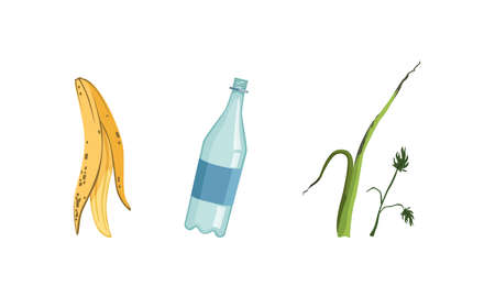 Garbage and Waste with Plastic Bottle and Banana Peel Vector Setのイラスト素材