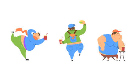 Funny Man Character with Fat Belly Drinking Soda Ice Skating and Walking with Backpack Vector Setのイラスト素材