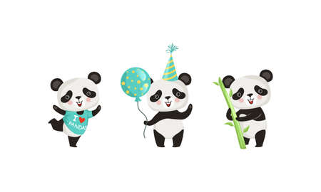 Happy Little Panda Holding Bamboo Stick and Toy Balloon Vector Setのイラスト素材