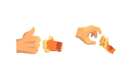 Cat Paw and Human Hand Gesturing Showing Thumb Up and Clutching Vector Setのイラスト素材