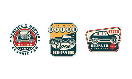 Auto Service and Repair Badges with Retro Car Vector Setのイラスト素材