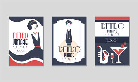 Retro Party Invitation Cards with Saxophone and Female in Black Dress Vector Setのイラスト素材