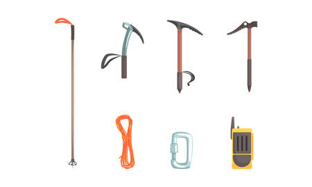 Mountaineering Equipment Set, Climbing Gear, Ice Ax, Cable, Carbine, Radio Transmitter Cartoon Vector Illustrationのイラスト素材