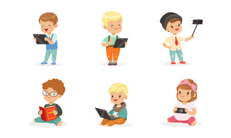 Cute Kids Using Modern Gadgets and Reading Books Set, Little Boys and Girls Learning, Communicating and Playing with Tablets PC and Smartphones Cartoon Vector Illustrationのイラスト素材