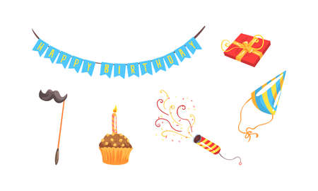 Birthday Party Symbols Set, Festive Party Celebration Objects, Party Flags Garland, Cupcake, Gift Box Cartoon Vector Illustrationのイラスト素材
