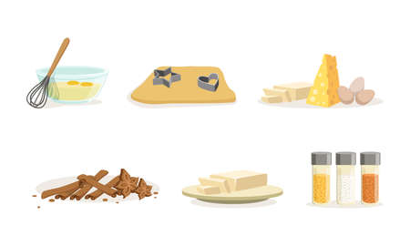 Baking Ingredients Set, Bakery ingredients, Egg, Dough, Cheese, Butter, Spices Cartoon Vector Illustrationのイラスト素材