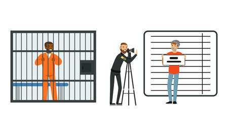 Policeman in Uniform Working at Police Station Set, Police Officer Photographing Arrested Criminal, Prison Cell with Prisoner Cartoon Vector Illustrationのイラスト素材