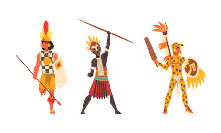 Set of Aboriginal or Indigenous Warriors, Men of Africa Dressed in Ethnic Clothes with Weapon,...