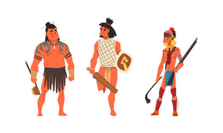 Set of Aboriginal or Indigenous Warriors, Men Dressed in Ethnic Clothes with Weapon, Representatives of Ethnic Tribes Cartoon Vector Illustrationのイラスト素材