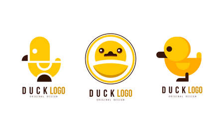 Duck Logo Original Templates Design Set, Badge, Label with Yellow Rubber Duck Vector Illustrationのイラスト素材