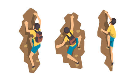 Male Mountaineer Climbing Mountain Set, Climber in Protective Helmet with Backpack Reaching Peak Vector Illustrationのイラスト素材