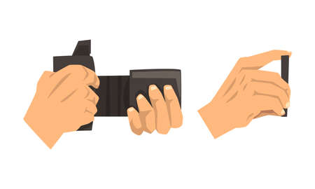 Hand Photographing with Cameras Set, Hands Holding Mobile Devices Vector Illustrationのイラスト素材
