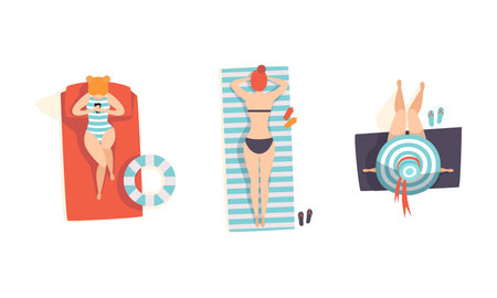 Top View of Lying Girls in Swimsuits Set, People Enjoying of Summer Holidays and Sunbathing on the Beach Flat Vector Illustrationのイラスト素材