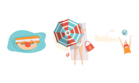 People Sunbathing and Swimming on the Beach Set, Man, Woman and Kid Enjoying of Summer Holidays Flat Vector Illustrationのイラスト素材