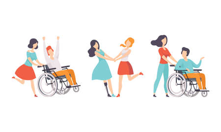 Disabled People Spending Good Time with their Friends Set, Happy People with Disability, Support, Accessibility, Active Lifestyle Concept Flat Vector Illustrationのイラスト素材