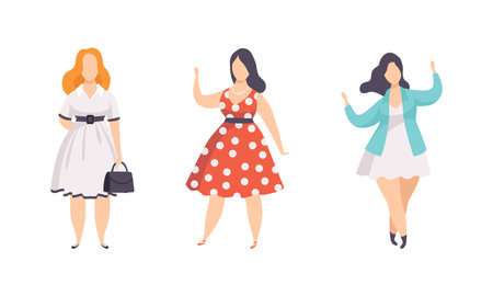Beautiful Plump Women Set, Plus Size Overweight Girls in Stylish Clothes, Body Positive Concept Flat Vector Illustrationのイラスト素材