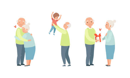 Elderly Loving Couple Set, Happy Grandparents Relationship, Grandpa Having Good Time with his Grandson Cartoon Vector Illustrationのイラスト素材