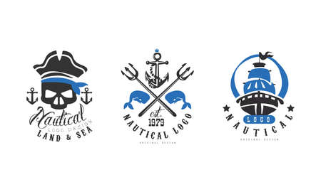 Nautical Logo Design Templates Set, Land and Sea Retro Labels, Nautical Company, Corporate, Products Identity Badges Vector Illustrationのイラスト素材