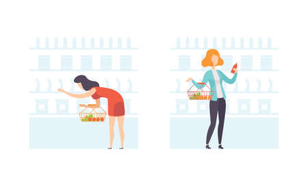 Young Women Shopping in Supermarket Set, People with Shopping Baskets Buying Grocery Products Flat Vector Illustrationのイラスト素材