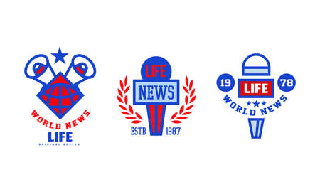 World Life News  Original Design Set, Retro Social Mass Media Blue and Red Emblems Vector Illustrationのイラスト素材