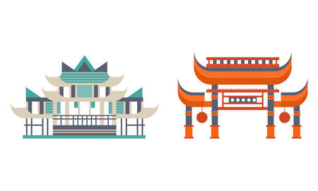 Asian Traditional Buildings Set, Ancient Eastern Cultural Objects, Pagoda Palace Traditional Temple Facades Flat Vector Illustrationのイラスト素材