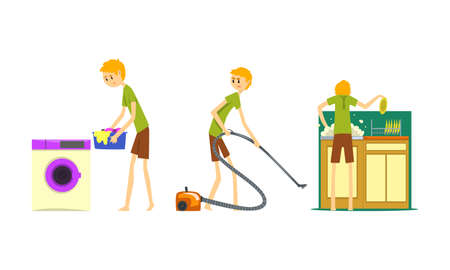 Man Doing Housework Set, Funny Male Character Vacuuming, Washing Dishes, Doing Laundry Cartoon Vector Illustrationのイラスト素材