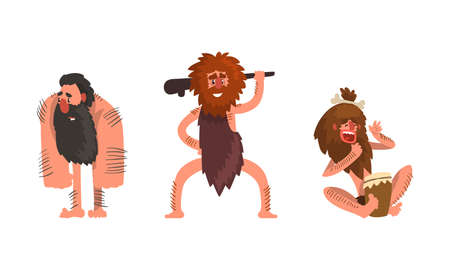 Primitive Caveman Characters Set, Funny Stone Age Archaic Men Dressed in Animal Skin Cartoon Vector Illustrationのイラスト素材