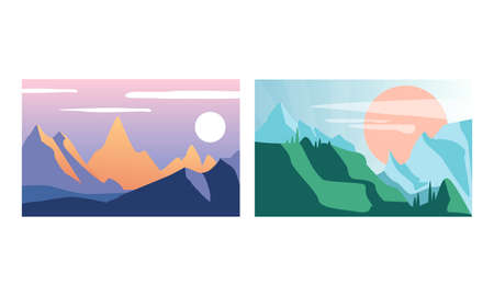 Beautiful Mountain Landscapes Set, Serenity Scenes of Nature at Sunlight, Poster, Card, Banner...