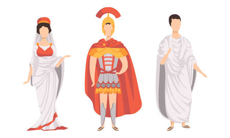 Citizens of Ancient Rome in Traditional Costumes Set, Legionary, Roman Woman, Plebeian Flat Vector Illustrationのイラスト素材
