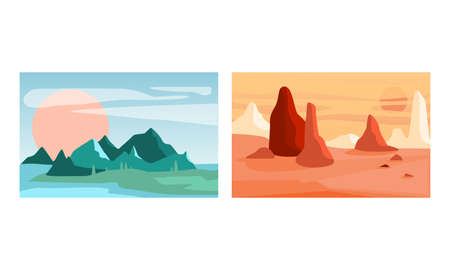 Beautiful Natural Landscapes Set, Serenity Scenes of Nature at Sunlight, Poster, Card, Banner Design Element Cartoon Vector Illustrationのイラスト素材